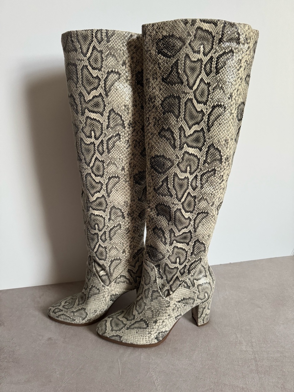 Express Snakeskin Knee Boots in Gray